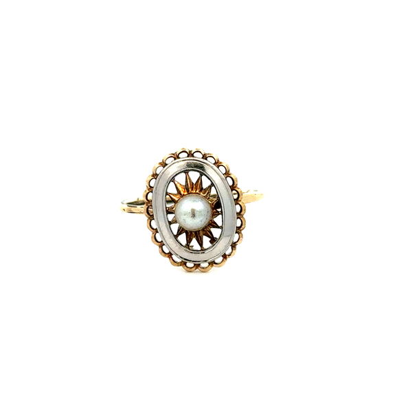 Closeup photo of 14K 2tone Vintage Pearl on Open Filigree Ring 3.0g, s7