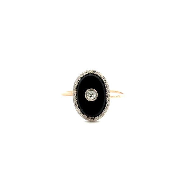 Closeup photo of 14K 2tone Art Deco .18ct OEC Diamond on Oval Onyx Slab Ring 2.8g, s7