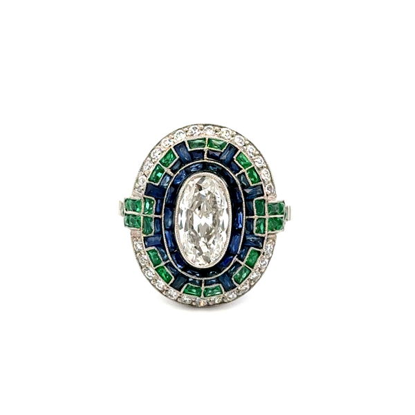 Closeup photo of Platinum 1.07ct Antique Oval Diamond, 1.40tcw Sapphire, 1.00tcw Emerald & .30tcw OEC Diamond Ring 6.8g, s7.25