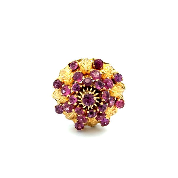 Closeup photo of 14K YG 1960's 2.00tcw Ruby Bombay Cluster Dome Ring 7.3g, s8.25