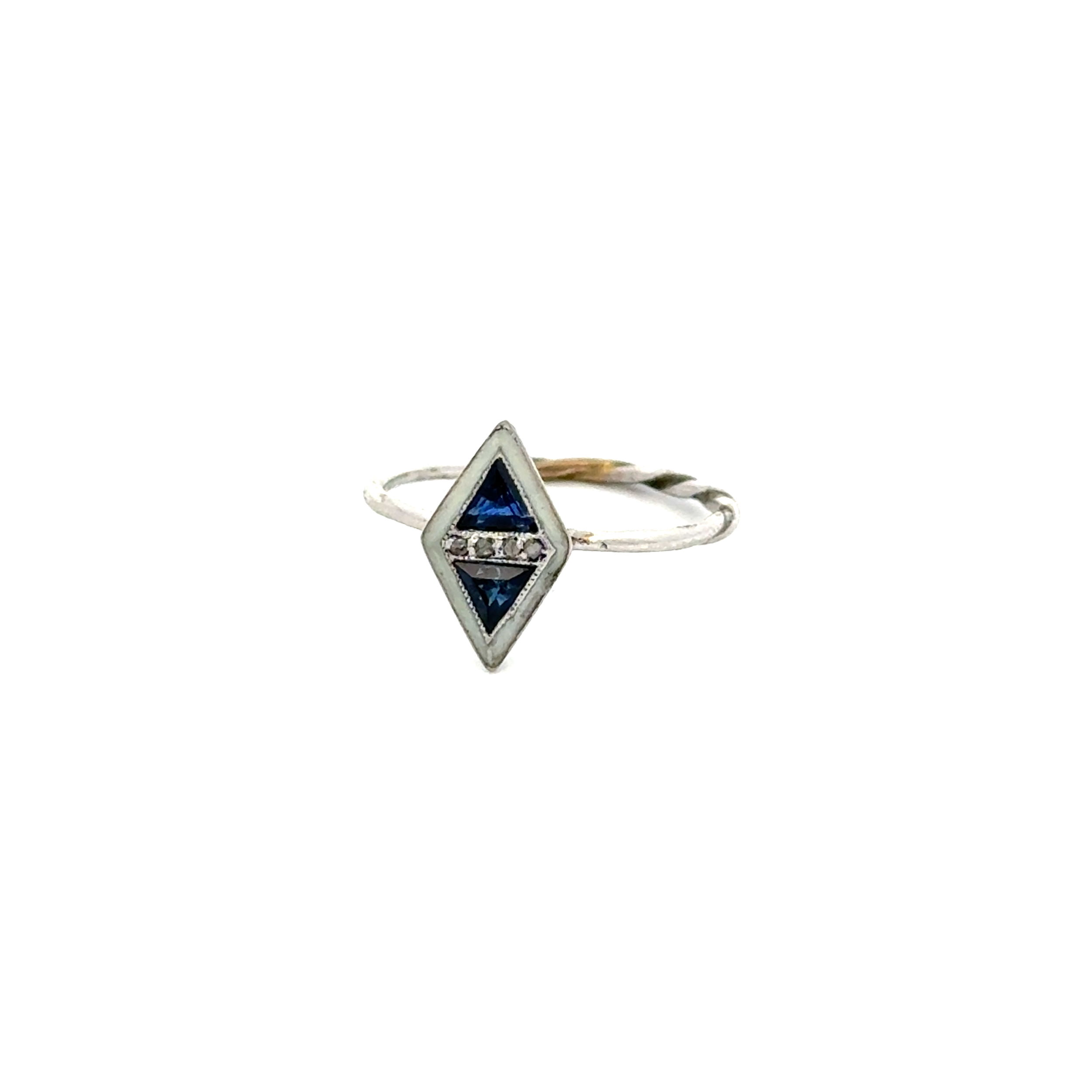 Platinum & 10K Art Deco .02tcw Diamond, Syn. Sapphire & Enamel Stick Pin Ring 1.6g, s6.25