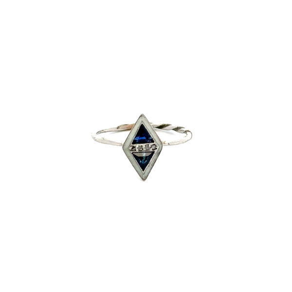 Closeup photo of Platinum & 10K Art Deco .02tcw Diamond, Syn. Sapphire & Enamel Stick Pin Ring 1.6g, s6.25