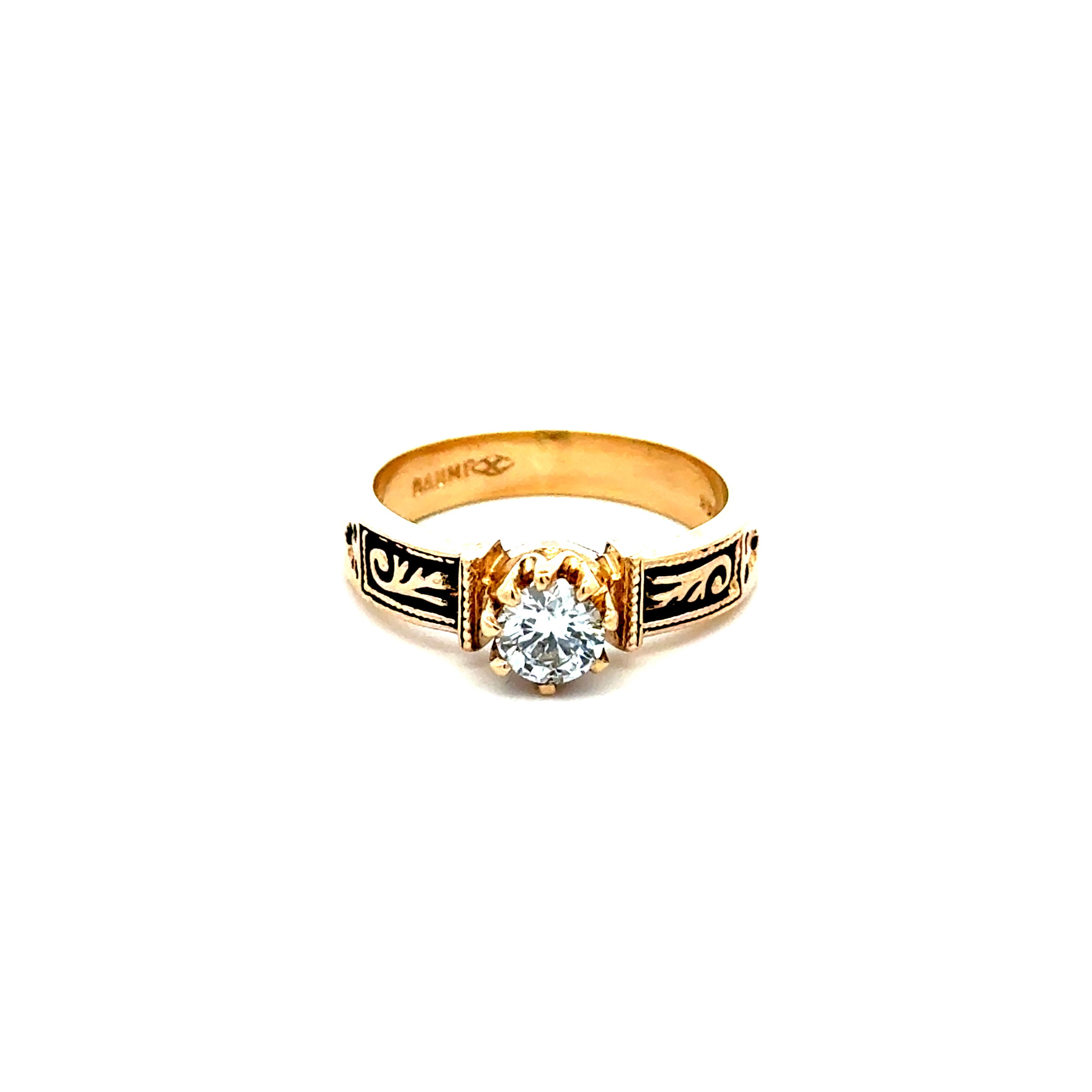 14K YG BAUMF .40ct Diamond in Engraved with Black Patina 4.0mm Band Ring 4.1g, s5.25