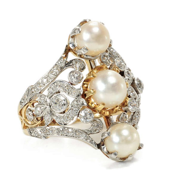 Closeup photo of Platinum on 14K Edwardian 3 Pearl & 1.10tcw OEC Diamond Lacey Navette Ring 10.7g, s9