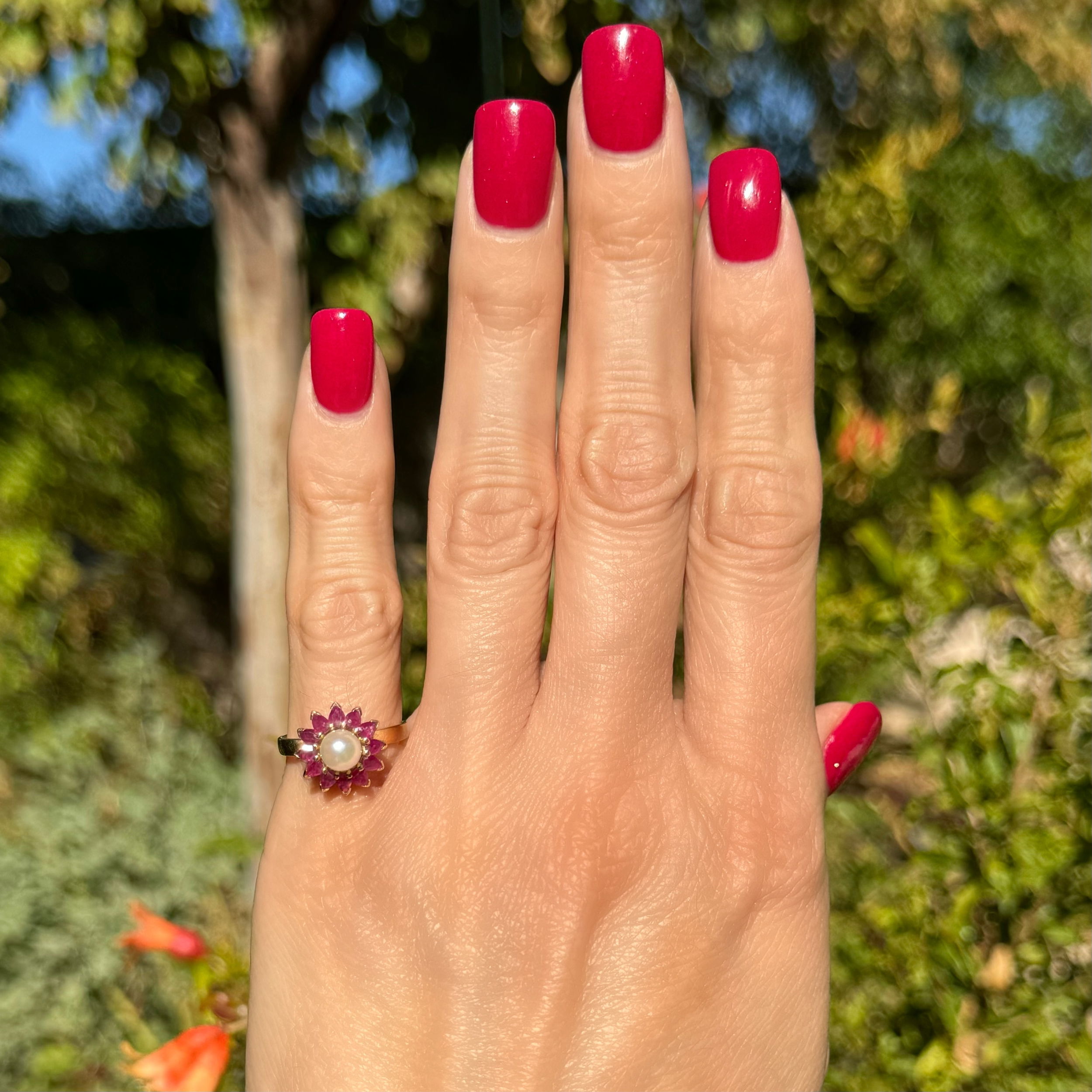 14K YG Vintage 5mm Pearl & .72tcw Ruby Halo Ring 3.3g,m s6