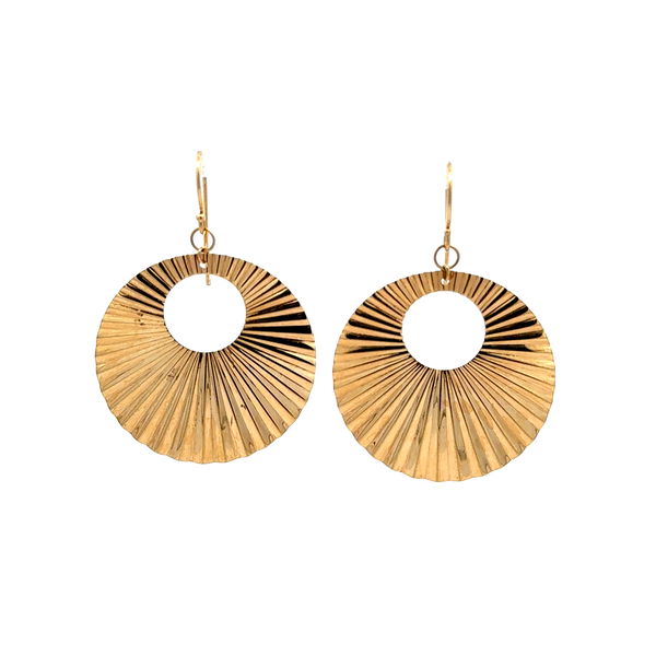 Closeup photo of 14K YG Open Circle Flat Fluted Fan Earrings 4.1g, 1.25"