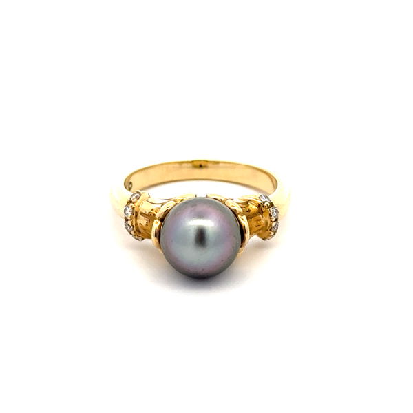 Closeup photo of 14K YG 8.5mm Black Pearl & .08tcw Diamond Cathedral Ring 5.8g, s6.5