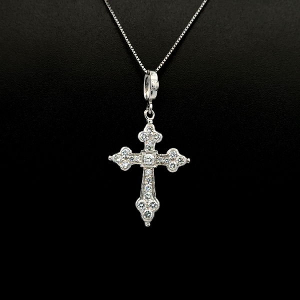 Closeup photo of Platinum LOREE RODKIN .80ct RBC Diamond Cross Pendant Necklace 6.9g, 18"