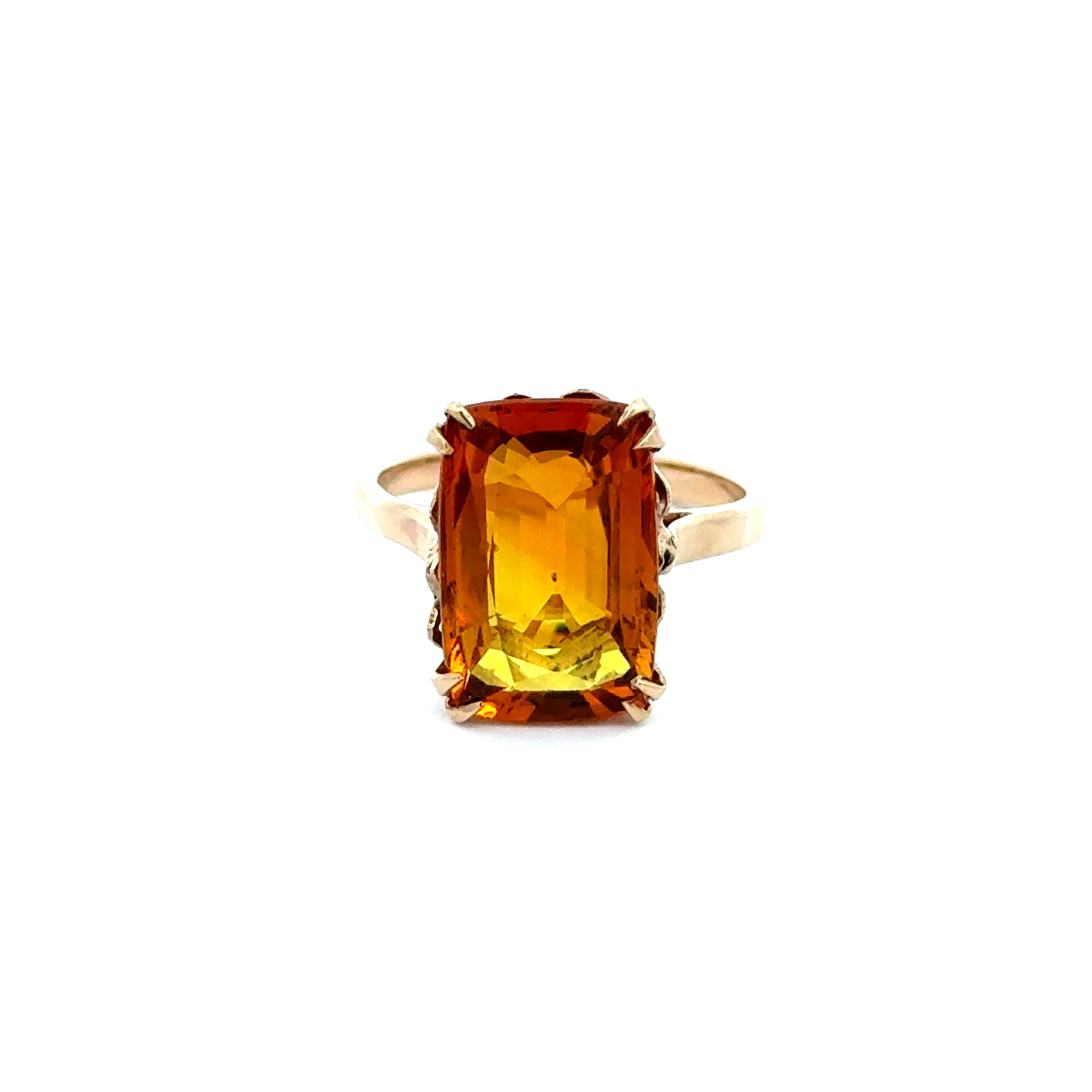 18K YG 7.39ct Vivid Orange Cushion Beryllium Treated Sapphire Solitaire Ring 3.7g, s6.25