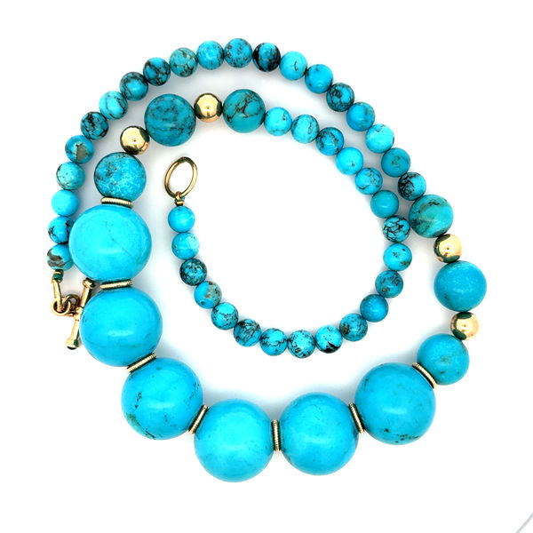 Closeup photo of 14K YG RARE 22.00mm to 8.00mm Blue Turquoise Bead Necklace 138.4g, 22"