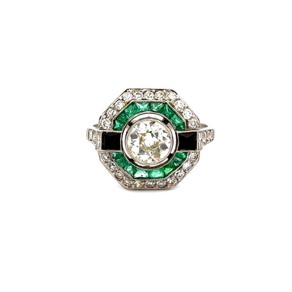 Closeup photo of Platinium .80ct OEC Diamond, .40tcw Emerald, Onyx & .45tcw OEC Diamond Ring 5.0g, s6.5