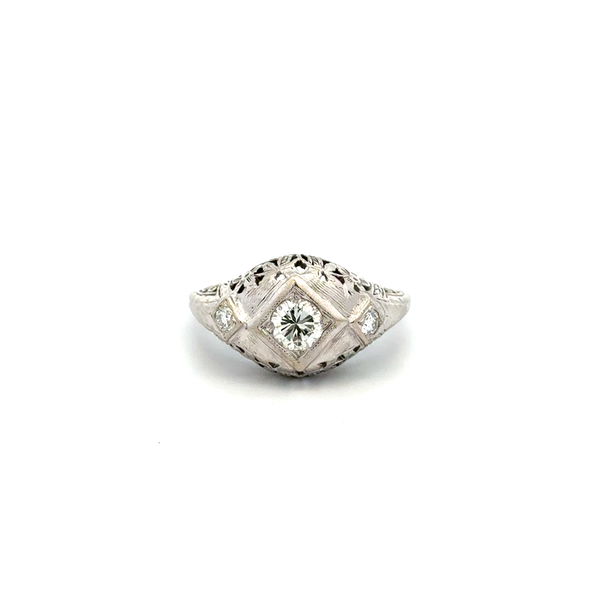 Closeup photo of 14K WG Art Deco .28ct Diamond & .10tcw Side Diamond Filigree Ring 2.9g, s5.25