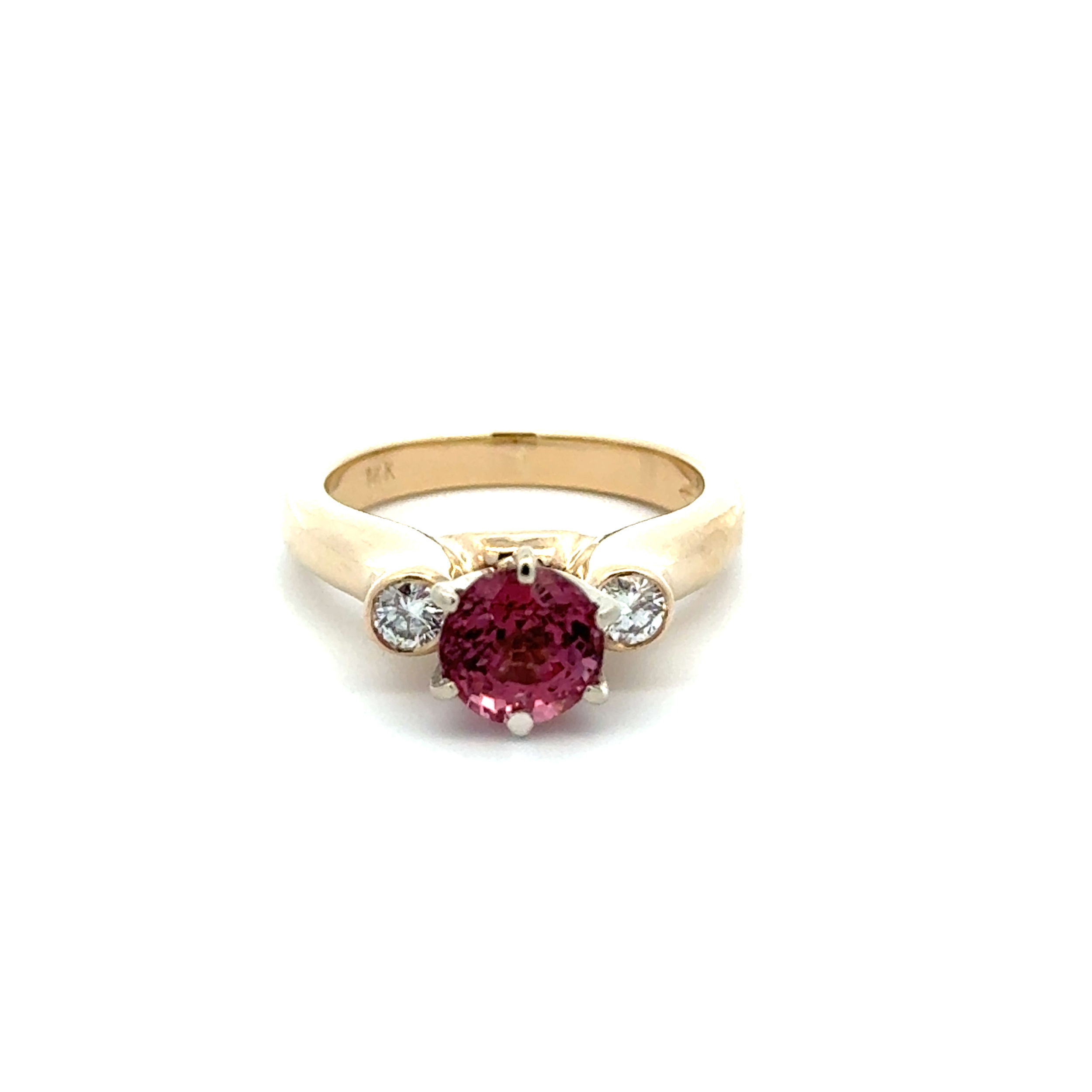 14K YG 1.40ct Round Purplish Pink Spinel & Bezel Set .16tcw RBC Diamond Ring 5.7g, s5.25