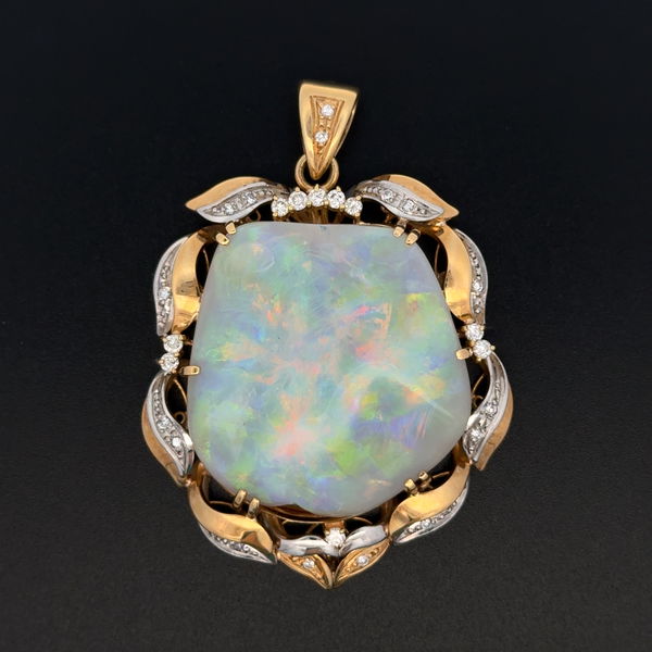 Closeup photo of 18K YG & Platinum 63.80ct Opal & .61tcw Diamond Pendant 38.6g, 2.5"