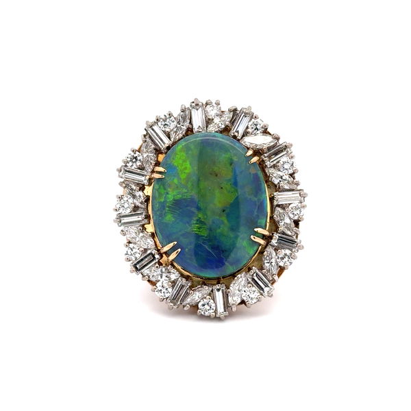 Closeup photo of Platinum on 18K YG 17.77ct Black Opal & 5.41tcw Baguette, Marquis & RBC Diamond Ring 22.0g, s8