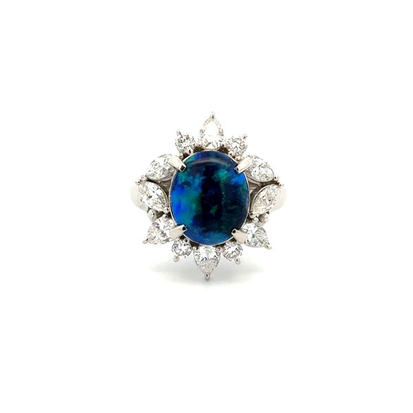 Closeup photo of Platinum 2.88ct Black Opal & 1.11tcw Marquis & RBC Diamond Ring 10.3g, s5