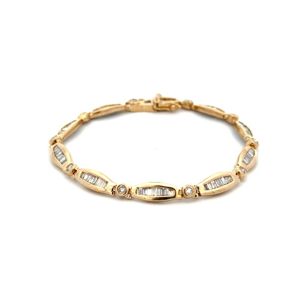 Closeup photo of 14K YG 4.00tcw Baguette & RBC Diamond Line Tennis Bracelet 11.8g, 7"