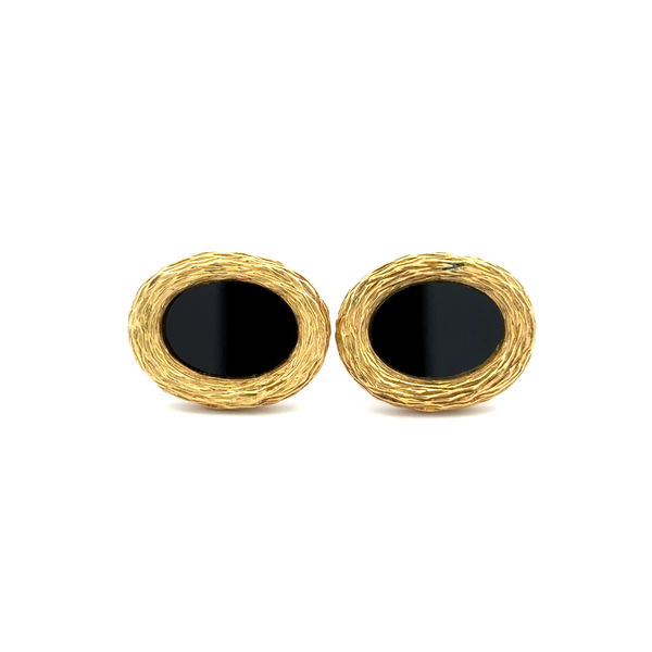 Closeup photo of 18K YG Bark Finish Oval Onyx Slab Cufflinks 22.2g,