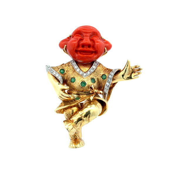 Closeup photo of 18K YG Vintage Carved Coral, .40tcw Emerald & .38tcw Diamond Dancing Buddha Brooch Pendant 42.5g