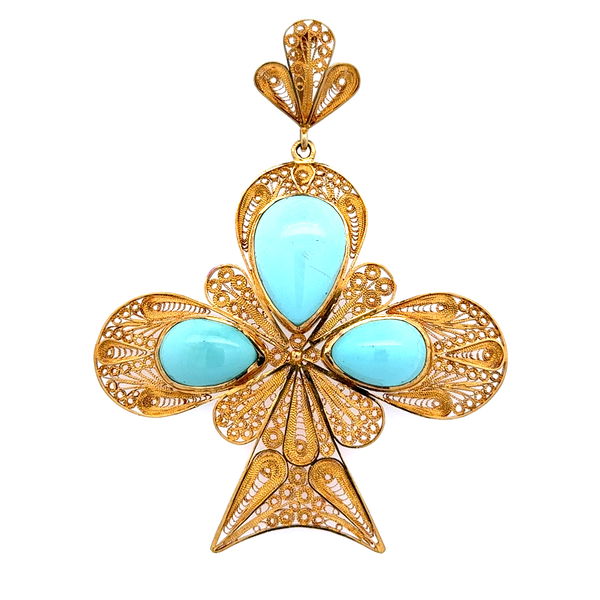 Closeup photo of 18K YG 1970's 3 Persian Robins Egg Blue Turquoise Filigree Spade Pendant 30.8g, 3"+