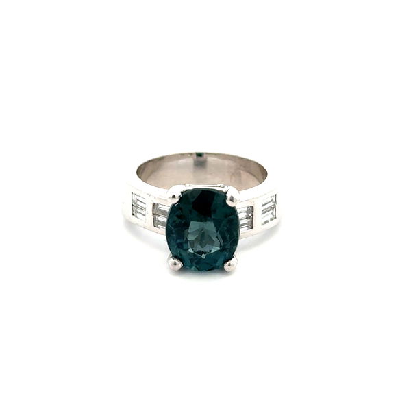 Closeup photo of Platinum 3.16ct Tourmaline GIA & .40tcw Baguette Diamond Ring 12.1g, s4.75