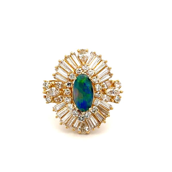 Closeup photo of 18K YG .93ct Black Opal & 3.60tcw Multi Shape Diamond Ring 12.5, s6.25