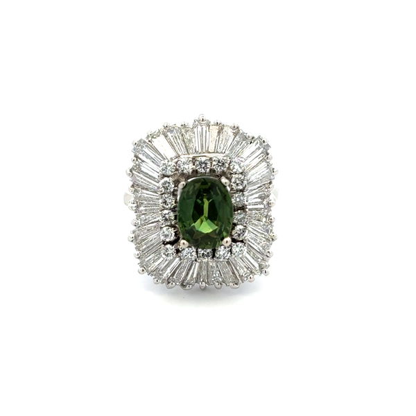 Closeup photo of 14K WG 1.75ct Oval NO HEAT Green Sapphire & 2.80tcw Diamond Ballerina Ring 6.4g, s5