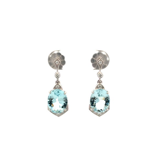 Closeup photo of 18K WG 4.21tcw Oval Aquamarine & .21tcw Diamond Drop Earrings 4.8g