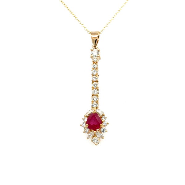 Closeup photo of 18K YG 1.30ct Pear Ruby & 1.50tcw RBC Diamond Drop Pendant Necklace 5.9g, 16"