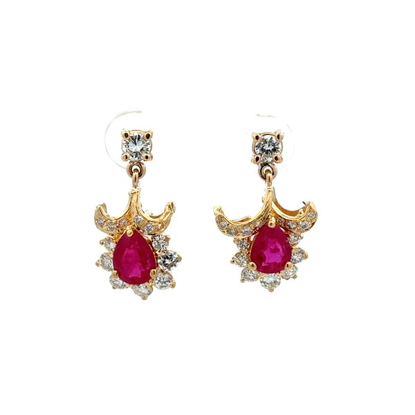 Closeup photo of 18K YG 2.70tcw Burma Ruby & 1.55tcw RBC Diamond Drop Earrings