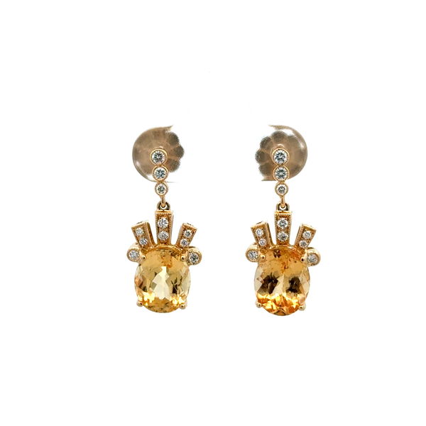 Closeup photo of 18K YG 5.23tcw Imperial Topaz & .25tcw RBC Diamond Drop Earrings 6.1g