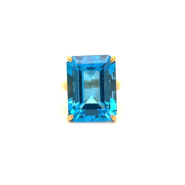 Closeup photo of 18K YG 29.22ct Emerald Cut Blue Topaz Fine Solitaire Ring 13.8g, s5.25