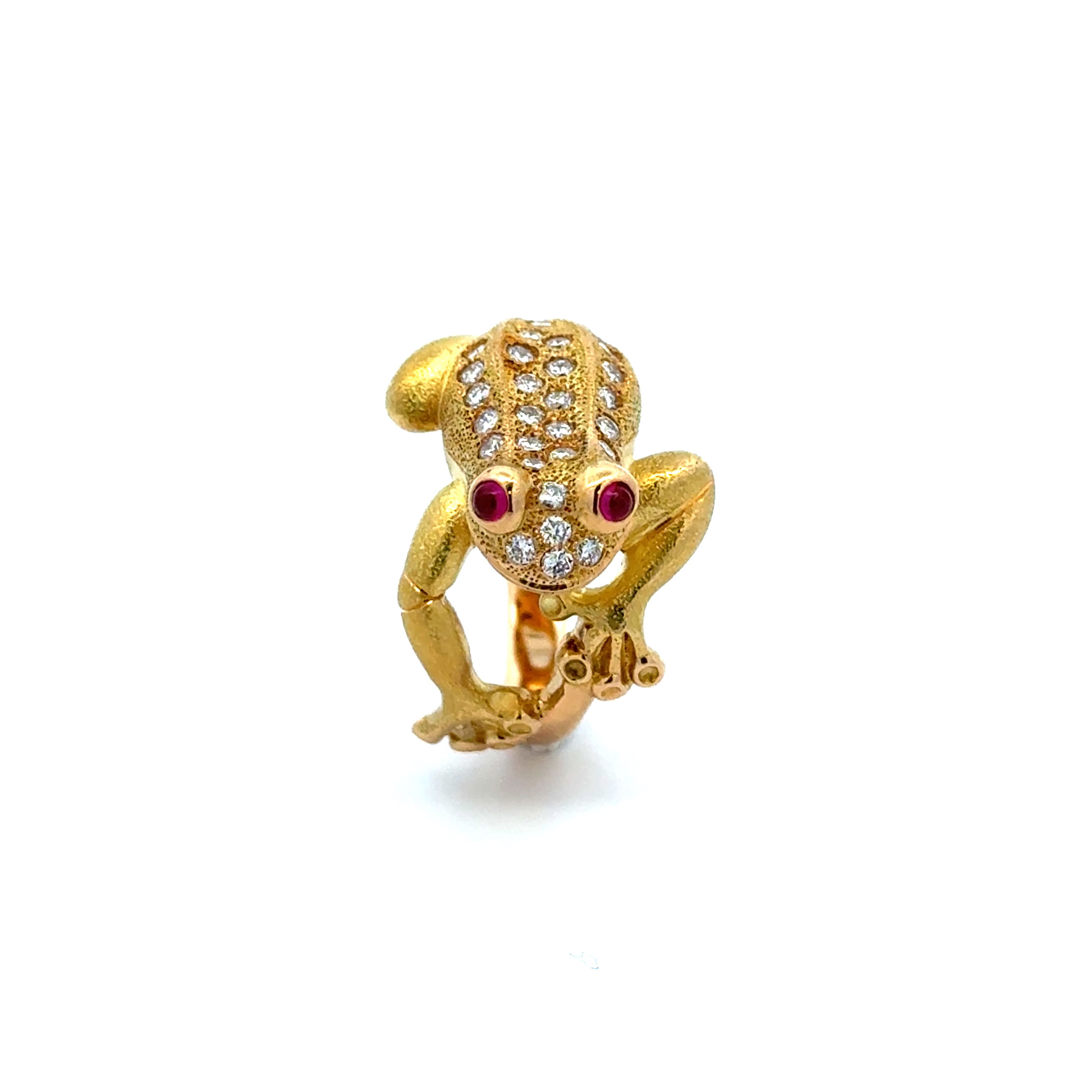 18K YG Detailed FROG .46tcw Diamond & .10tcw Ruby Eyes Ring 10.7g, s5.75