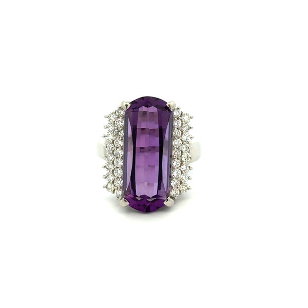 Closeup photo of Platinum 3.5ct Elongated Fancy Amethyst & .73tcw RBC Diamond Ring 11.0g, s7.5