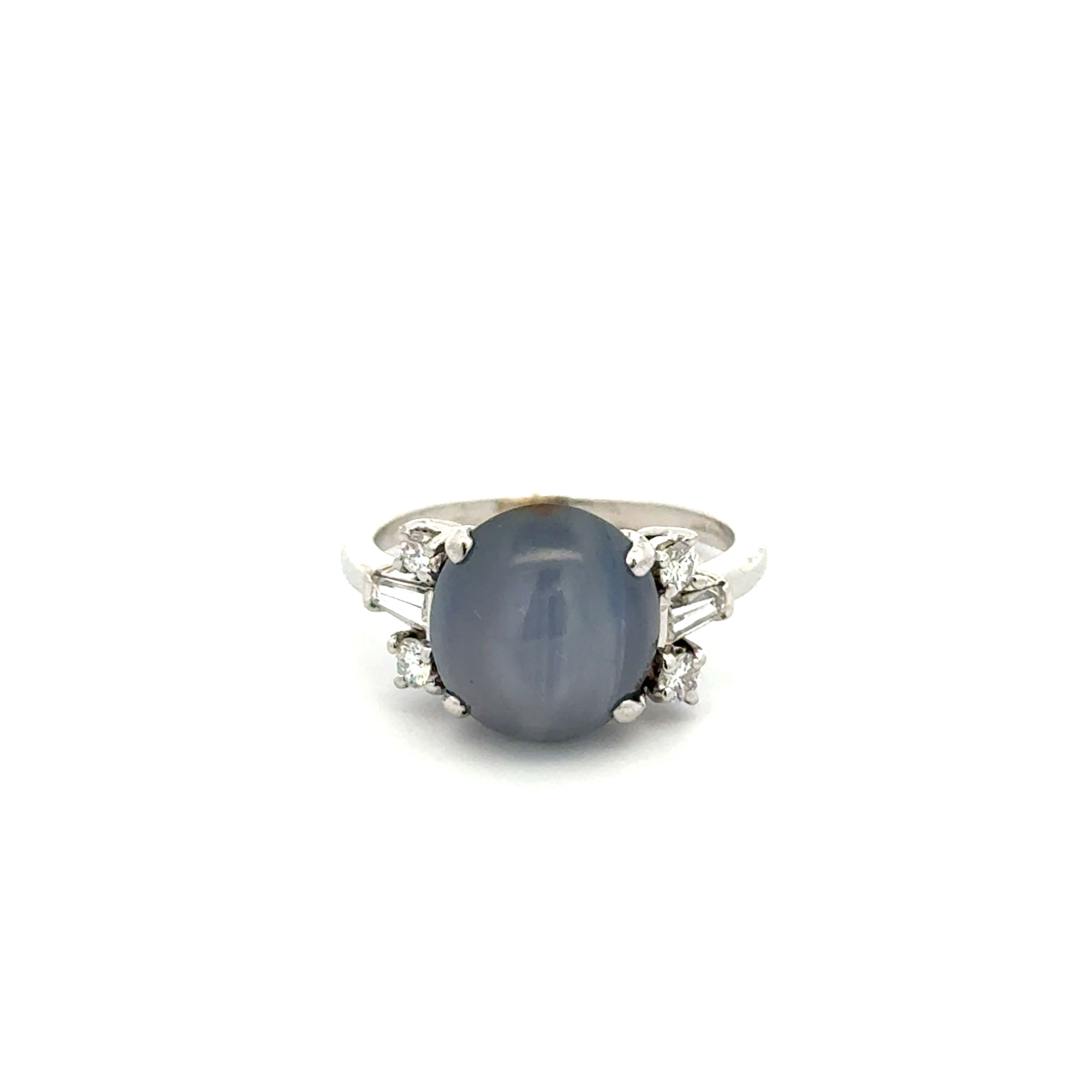 Platinum Art Deco 6.00ct Bluish Grey Star Sapphire & .32tcw Baguette & RBC Diamond Ring 5.3g, s5.75