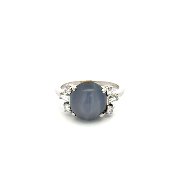 Closeup photo of Platinum Art Deco 6.00ct Bluish Grey Star Sapphire & .32tcw Baguette & RBC Diamond Ring 5.3g, s5.75