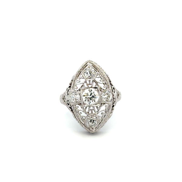 Closeup photo of 18K WG Art Deco .50ct OEC Diamond & 1.00tcw OEC Diamond Navette Filigree Ring 3.7g, s6.5