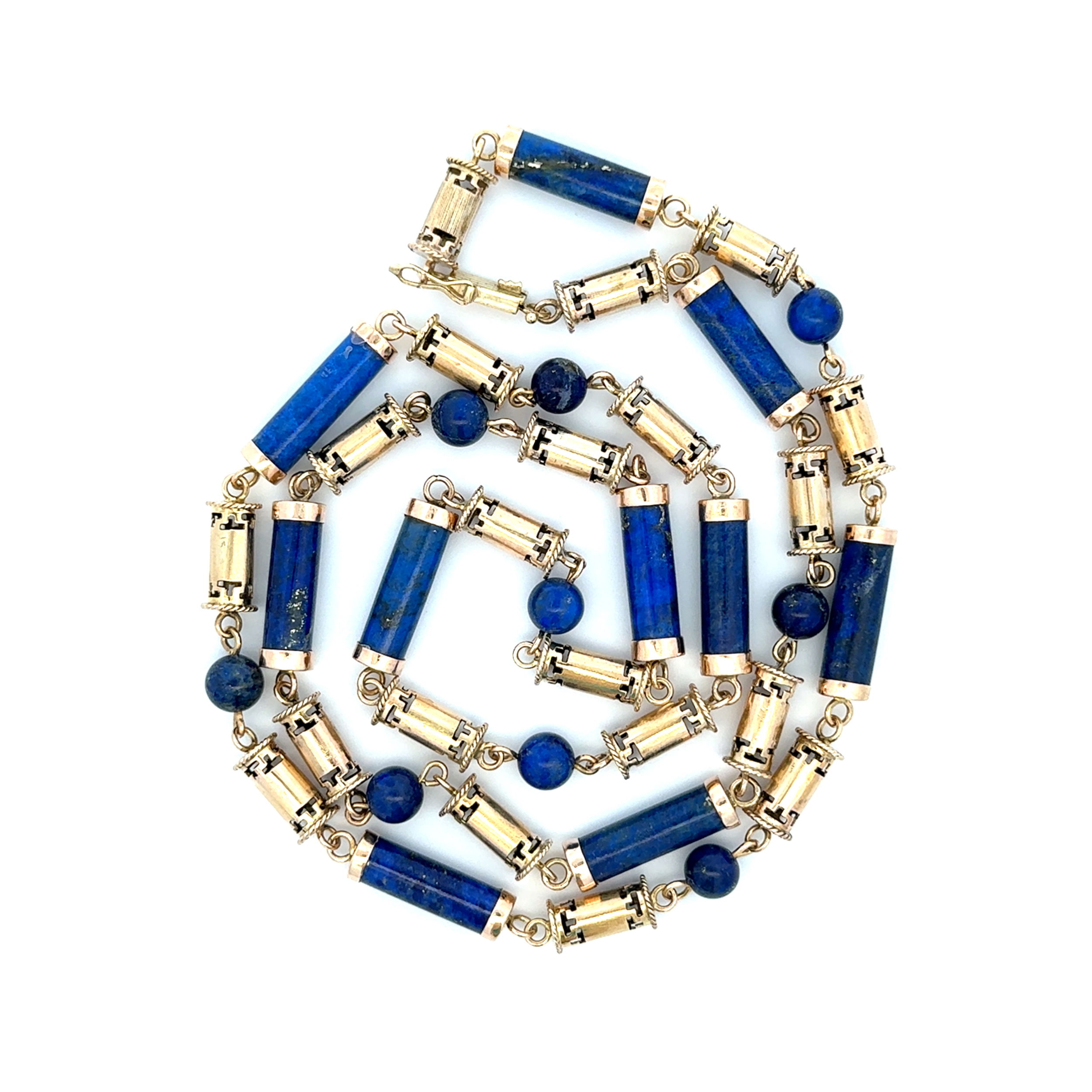 14K YG 1960's Intricate Gold & Lapis Link Necklace 47.2g, 30"