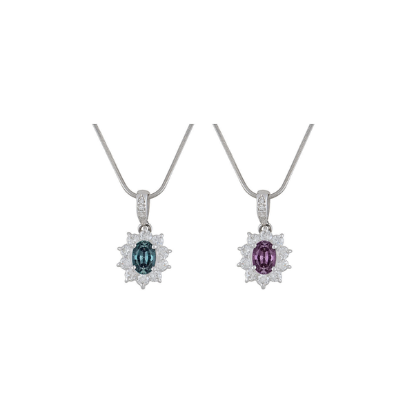 Closeup photo of Platinum .66ct Oval Brazilian Alexandrite GIA & .47tcw RBC Diamond Pendant Necklace 4.6g, 18"