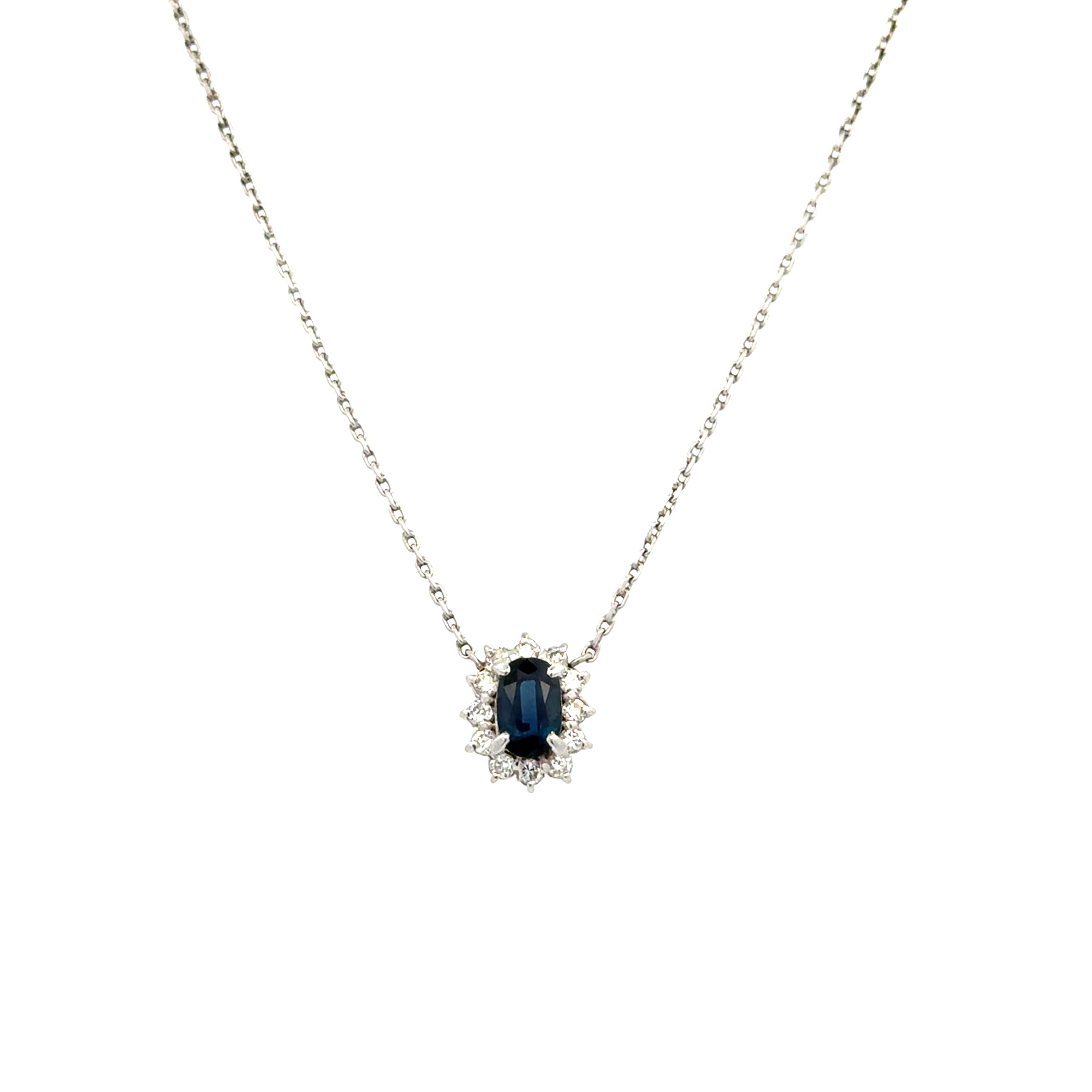 Platinum .67tcw Oval Sapphire & 24tcw RBC Diamond Halo Pendant Necklace 3.9g, 18"