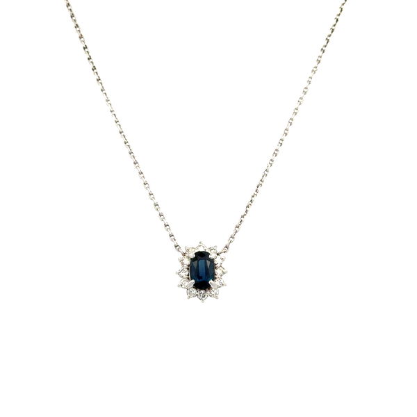 Closeup photo of Platinum .67tcw Oval Sapphire & 24tcw RBC Diamond Halo Pendant Necklace 3.9g, 18"