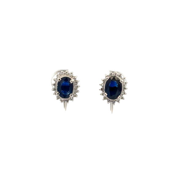 Closeup photo of Platinum 2.00tcw Oval Sapphire & .30tcw RBC Diamond Halo Earrings 3.9g