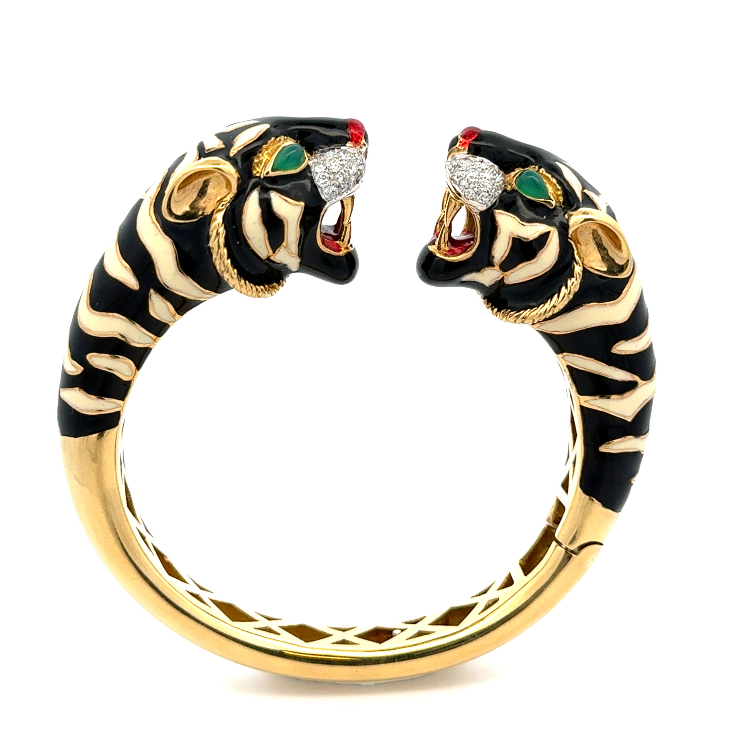 18K YG Italian Al Angiolino & Zogno Enamel Tiger .80tcw Diamond, Chrysoprase Eyes Hinged Cuff Bracelet 90.3g