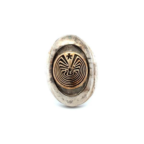 Closeup photo of 925 Sterling & 14K JASON TAKALA Man in the Maze Hopi Ring 25.9g, s11.25