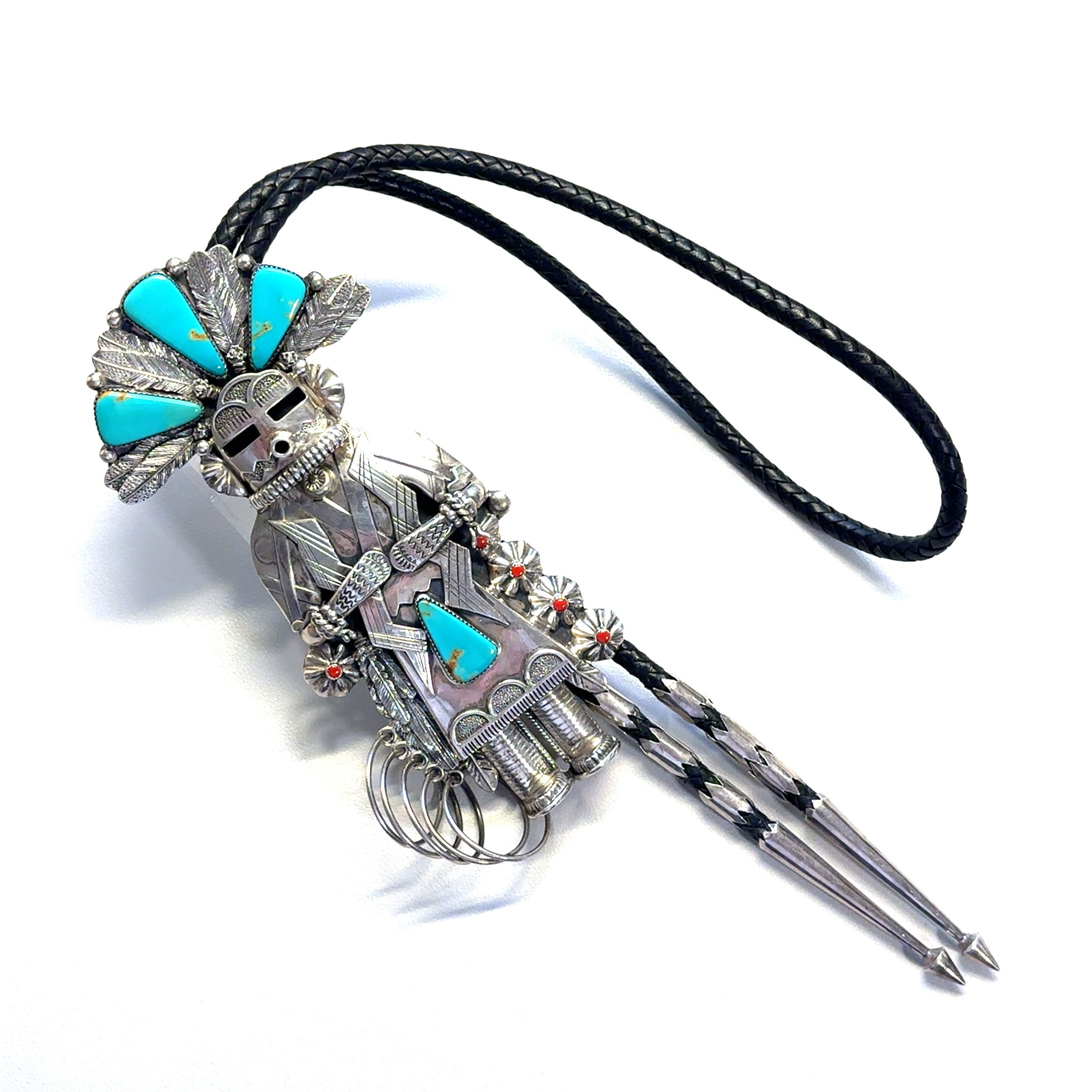 925 Sterling Native Turquoise & Coral Very Large Kachina Bolo Tie 210.2g, 7"