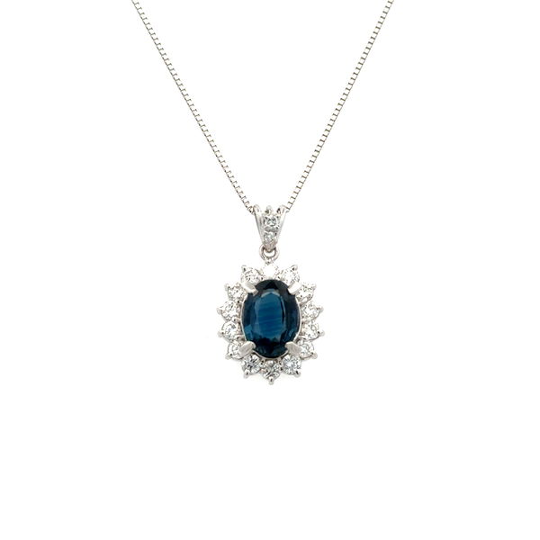 Closeup photo of Platinum 2.23ct Oval Sapphire & .74tcw RBC Diamond Halo Pendant Necklace 6.2g, 18"