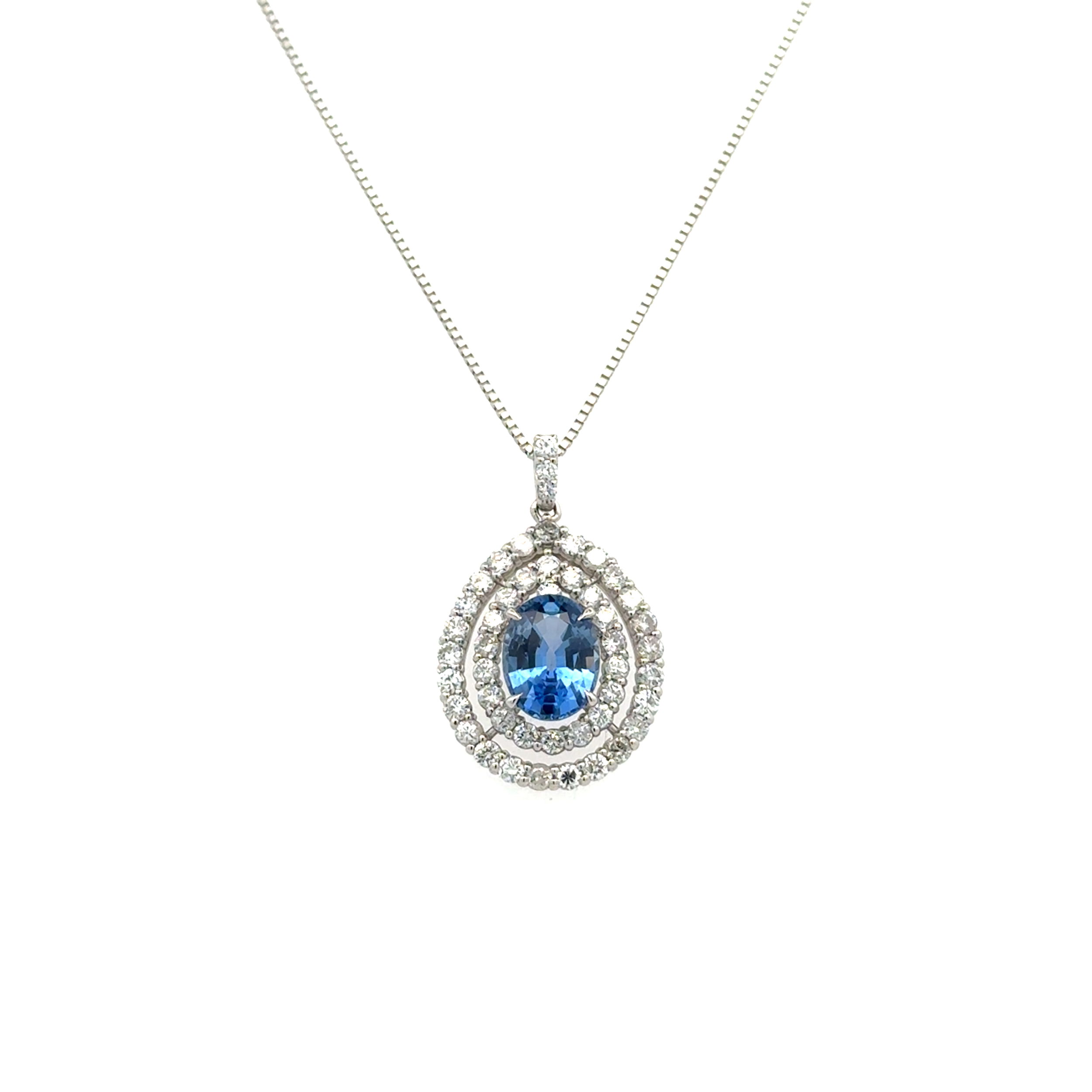 Platinum 1.80ct Oval Ceylon Sapphire GIA & .98tcw RBC Diamond Double Halo Pendant Necklace 4.9g, 18"