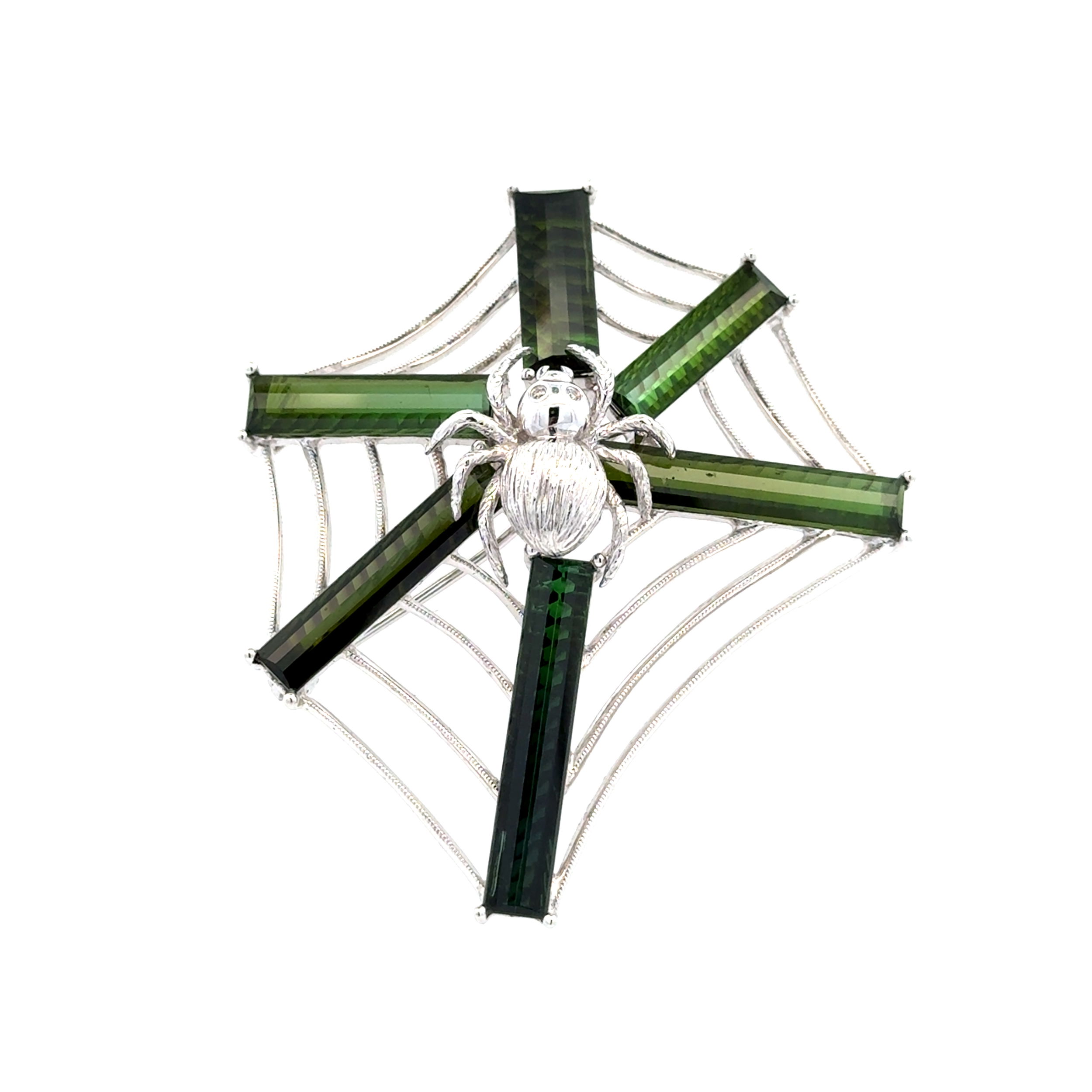 Platinum 14.32tcw Long Green Tourmaline & .01tcw Diamond Spider Web Brooch Pendant 17.7g,