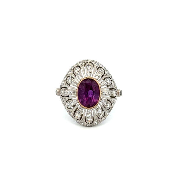 Closeup photo of Platinum Edwardian 3.07 Oval Purple Sapphire GIA & .70tcw OEC Diamod Filigree Ring 7.9g, s6.76