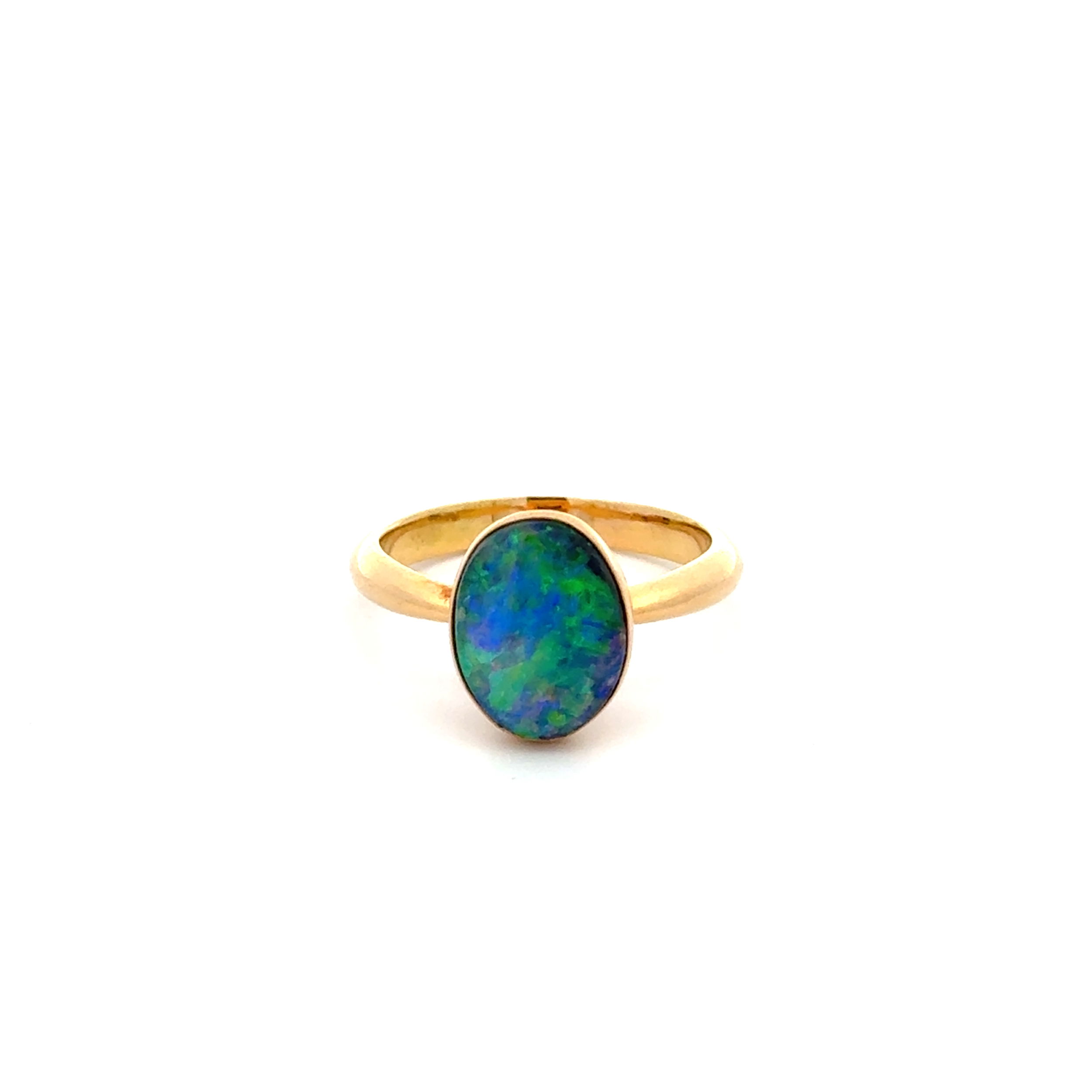 18K YG 1.5ct Oval Boulder Opal Solitaire Bezel Set Ring 4.0g, s6.5